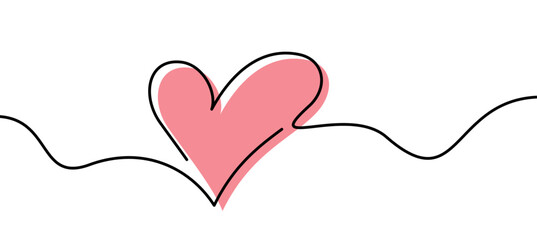 Single pink heart continuous wavy line art drawing on white background.