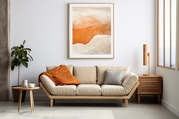 Modern living room interior with sofa, coffee table, plant, lamp, and artwork