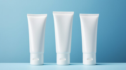 blue background with white cosmetic tubes and copy space