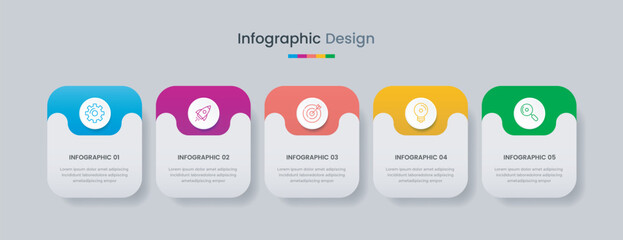 Business infographic design template with icons and 5 options or steps. Can be used for workflow, presentation, etc. Vector illustration - obrazy, fototapety, plakaty