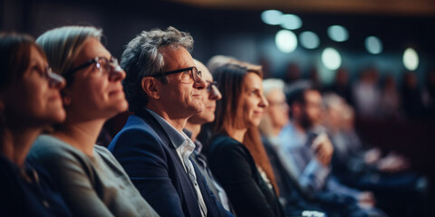 Obraz premium A group of attentive adults sit in an audience, focusing on a presentation at a conference or seminar.