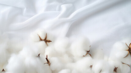 Close-up of natural white cotton bolls on a soft textile background, highlighting organic texture and materials.
