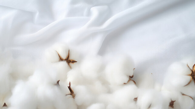 Close-up of natural white cotton bolls on a soft textile background, highlighting organic texture and materials. © tashechka