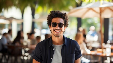 Fototapeta premium Portrait of a smiling man with curly hair wearing sunglasses
