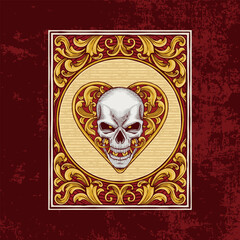 vintage style red heart ace poker skull illustration with ornaments and borders. textured black background