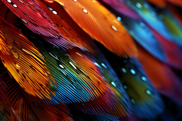 Colorful bird feathers background. Close up of colorful bird feathers.