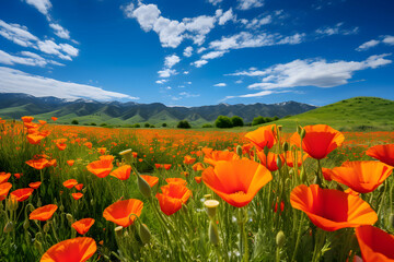 Beautiful spring landscape with poppy field and blue sky with clouds.