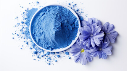 blue cosmetic clay on white background top down beauty product - obrazy, fototapety, plakaty