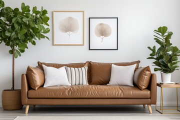 brown leather sofa in a living room with two botanical posters and two plants