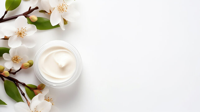 cosmetic bottle containers skin cream with flowers with space for text