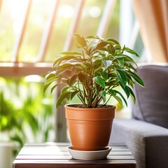 Sunlight on indoor houseplant in living room