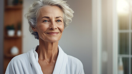 mature woman applying moisturizer in bathroom