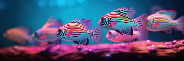 A school of ornamental fish with vivid stripe patterns swimming in a neon-lit aquarium environment, showcasing a lively underwater spectacle.