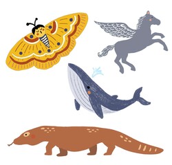 cute character illustration icon - cute animal whale horse komodo 