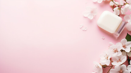 minimal composition with cosmetic skin care products on pink background with space for text - obrazy, fototapety, plakaty