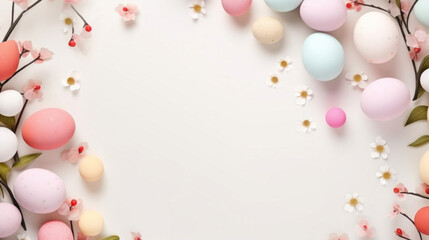 A creative Easter egg display encircled by a variety of spring flowers on a white background with a festive feel.