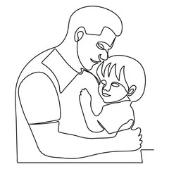  Happy father's and his child dad holds the baby in his arms continuous one line art in outline vector
