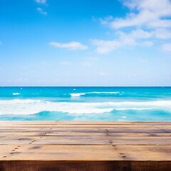 Fototapeta premium Blue Ocean and Sky Over Wooden Deck
