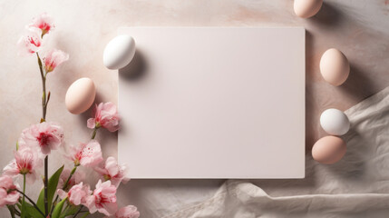 A pastel pink Easter egg rests beside fresh cherry blossoms on a textured canvas, evoking a peaceful spring mood.