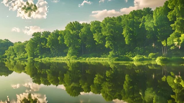 A lake reflecting the trees in the background in summer