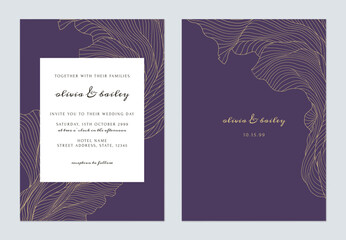 Dark purple abstract wavy line art wedding invitation template - 704739437