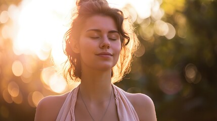 Beautiful woman with eyes closed and relaxing, the sun in a warmth park at sunset. - obrazy, fototapety, plakaty