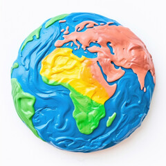 A colorful, handmade play dough representation of Earth against a white background, perfect for educational purposes.