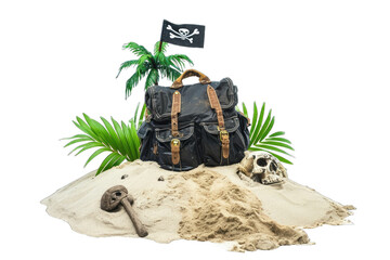 black Jolly Roger flag with a skull and crossbones is planted in the sand