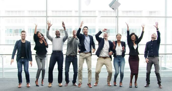 Happy business people, documents and celebration with high five for teamwork, success or done at office. Portrait of employee group throwing paperwork in air, completion or achievement at workplace