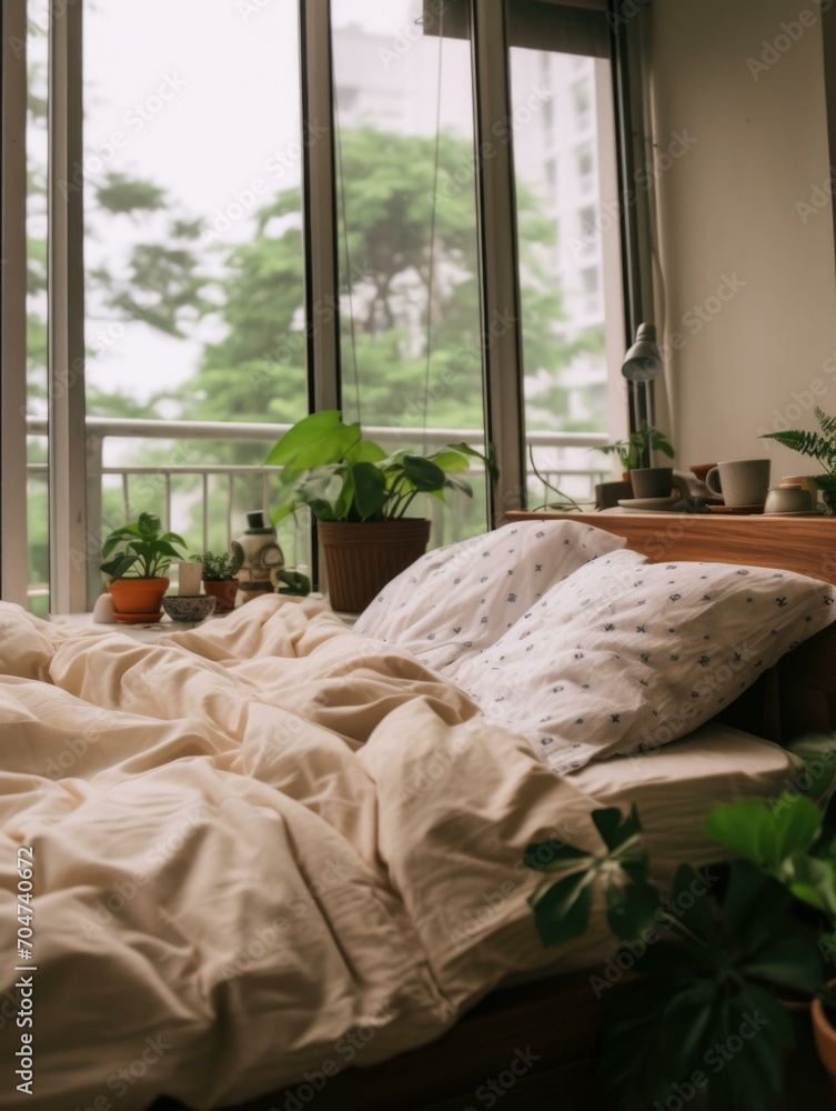 Poster a bed with white sheets and pillows in front of a window. generative ai.