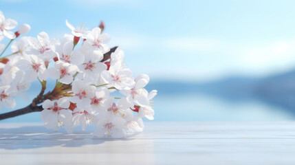 Close-up of delicate cherry blossoms in full bloom against a soft blue sky, symbolizing the arrival of spring.