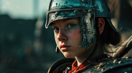 A young woman in armor is looking off to the side. Generative AI.