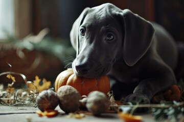 A weimaraner dog is sitting on a table with a pumpkin. Generative AI.