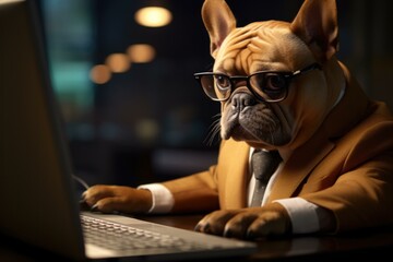Fototapeta na wymiar A dog wearing a suit and glasses is working on a laptop. Generative AI.