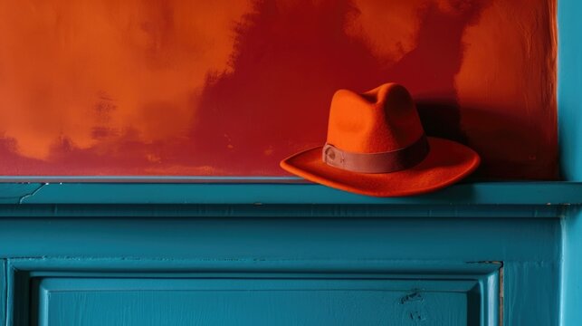 A hat sits on a blue wall with red paint. Generative AI.