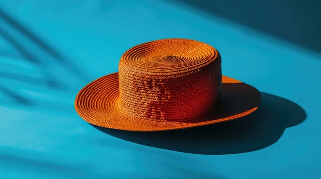 An orange hat sits on top of a blue surface. Generative AI.