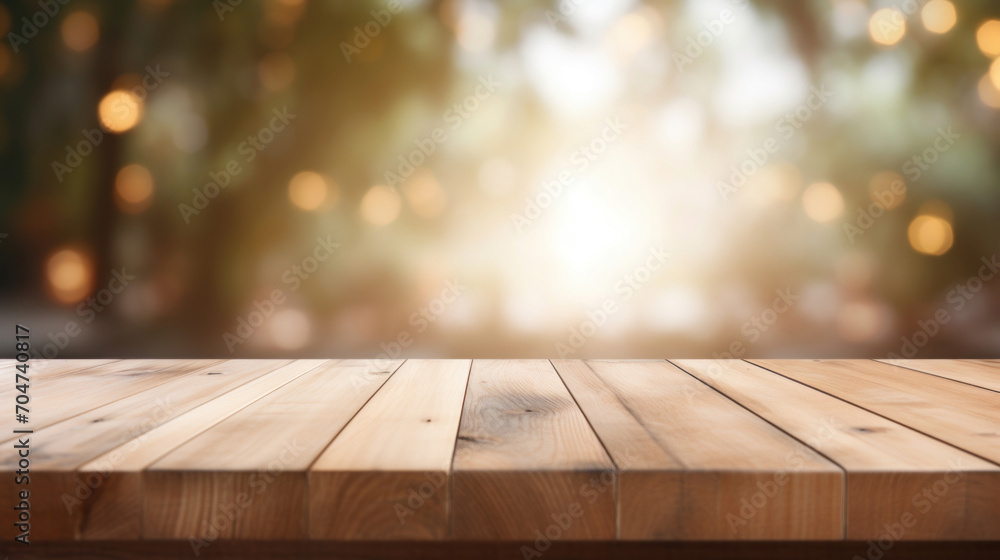 Poster empty wooden table with a bokeh light effect and natural backdrop.
