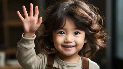 Happy Asian little girl smiling and standing with hand up