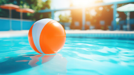 Inflatable orange beach ball on the water surface in a sunny pool.