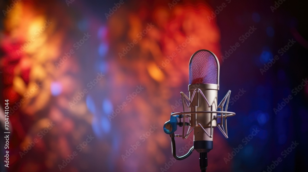 Poster microphone on stage with colorful background. generative ai.
