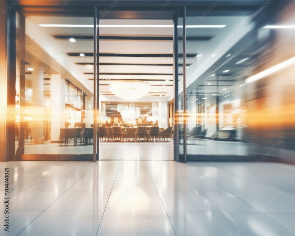 Poster an empty lobby with a blurred image of an office. generative ai.