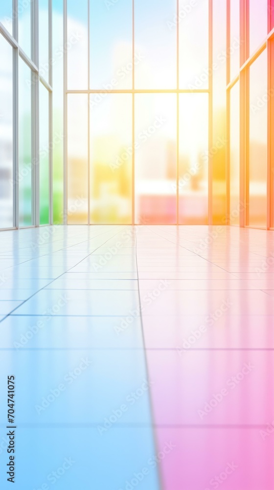 Aufkleber an empty room with colorful floor and windows. generative ai.