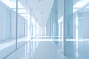 A long hallway with glass walls and a bright light. Generative AI.