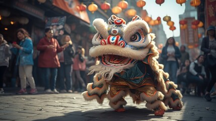 Lion Dance and Chinese New Year Festivities: A Colorful Celebration of Tradition, Symbolism, and Community Harmony in the Lunar New Year. - obrazy, fototapety, plakaty