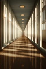 A long hallway with light shining on it. Generative AI.