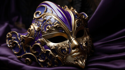 An elaborate Venetian mask with gold and purple detailing resting on a silky purple background.