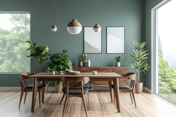 Modern dining room with green walls, in the style of light azure and brown, wood, norwegian nature, rounded, realistic landscapes with soft, tonal colors, industrial-inspired, light-filled.