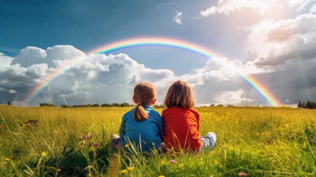 Two children sitting in a field of wildflowers observing a stunning rainbow across the sky after the rain.