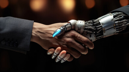 Human computer interactive artificial intelligence.Robot Human Handshake - obrazy, fototapety, plakaty