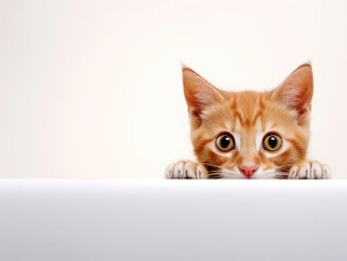 An adorable ginger kitten with captivating eyes looking over a white surface, showing curiosity and playfulness.